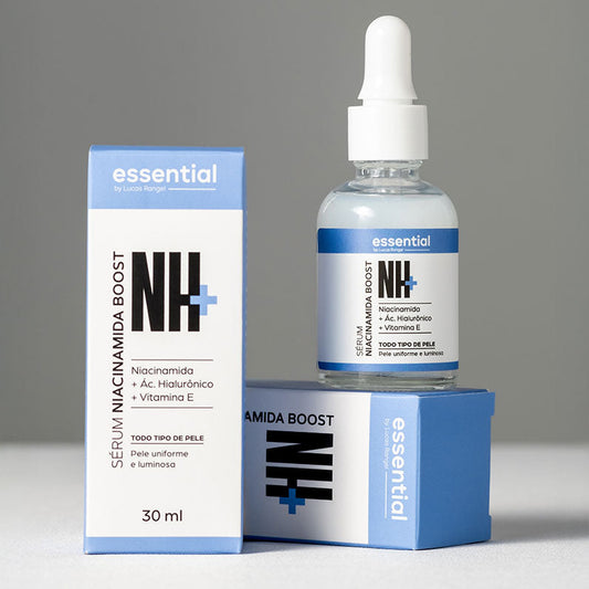 NH+ niacinamide boost serum bottle and packaging on a gray background